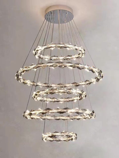 Oversized Multi-Tiered Rings Crystal Chandelier Modern Clear and Grey Crystal Ceiling Light Fixture For Staircase/Foyer/Hallway/Entryway - Richardrider
