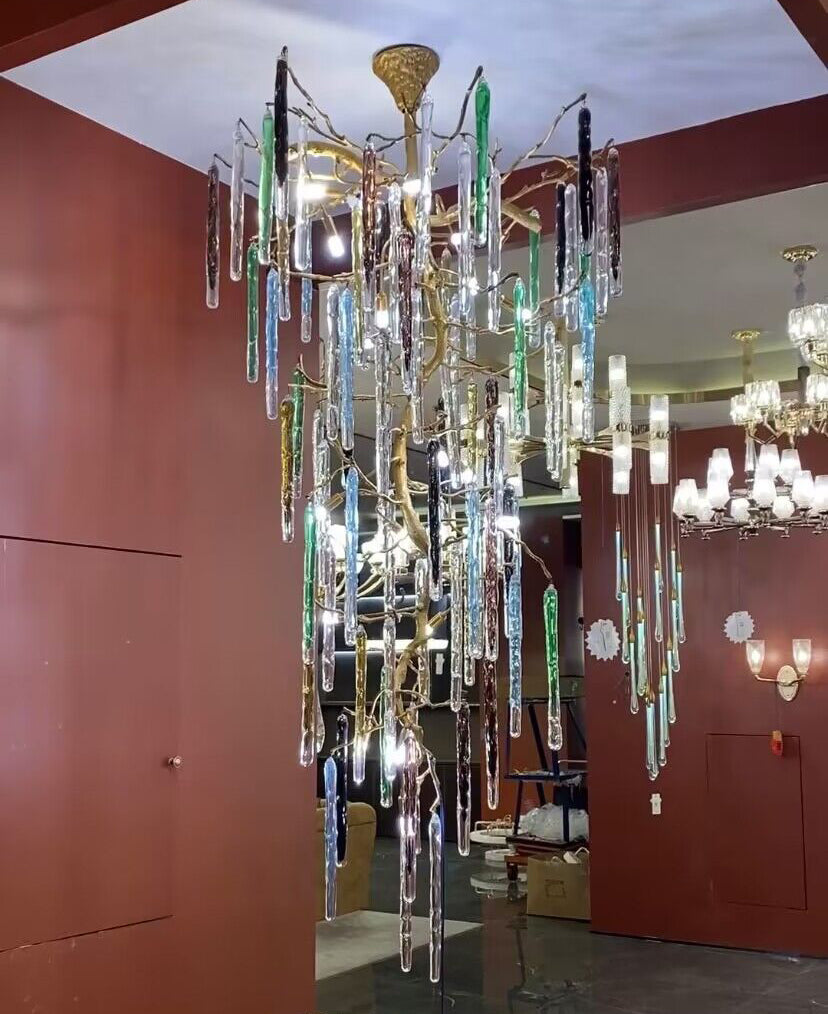 Modern Light Luxury Brass Branches Colored Glass Column Chandelier for Staircase/Living Room/High-ceiling Space - Richardrider