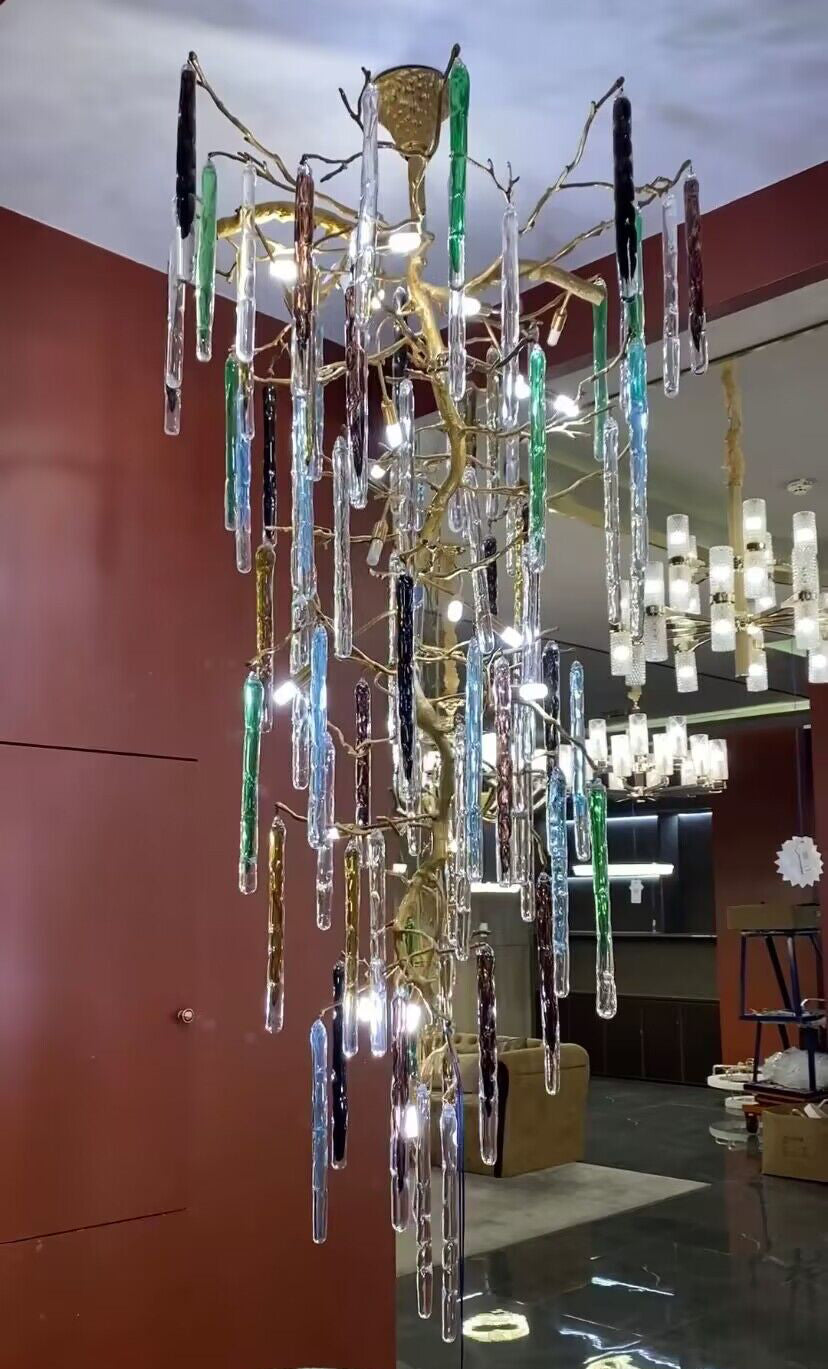 Modern Light Luxury Brass Branches Colored Glass Column Chandelier for Staircase/Living Room/High-ceiling Space - Richardrider