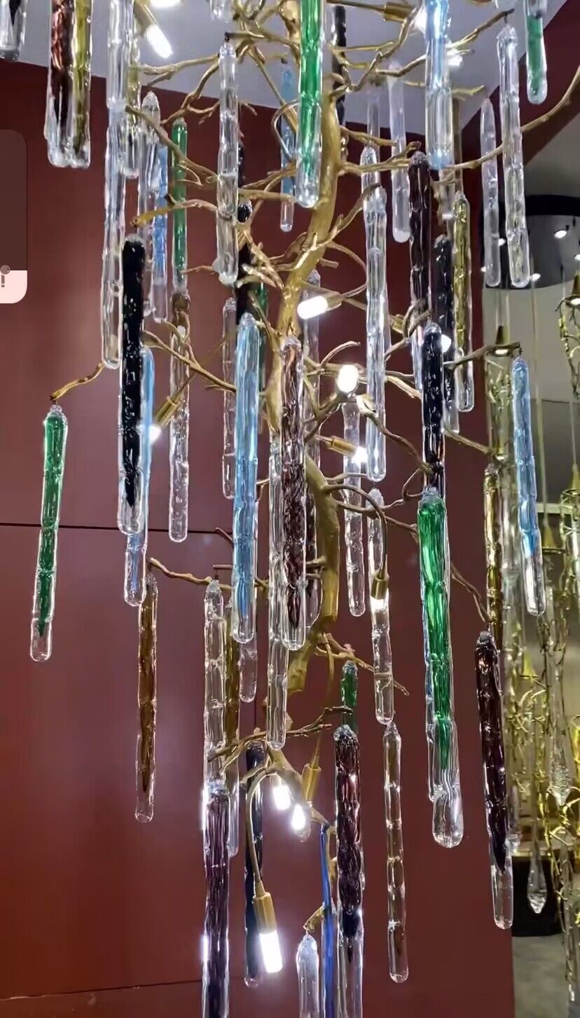 Modern Light Luxury Brass Branches Colored Glass Column Chandelier for Staircase/Living Room/High-ceiling Space - Richardrider