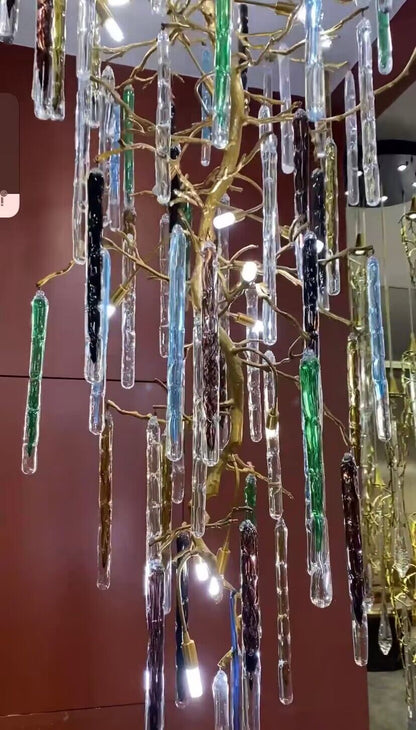 Modern Light Luxury Brass Branches Colored Glass Column Chandelier for Staircase/Living Room/High-ceiling Space - Richardrider