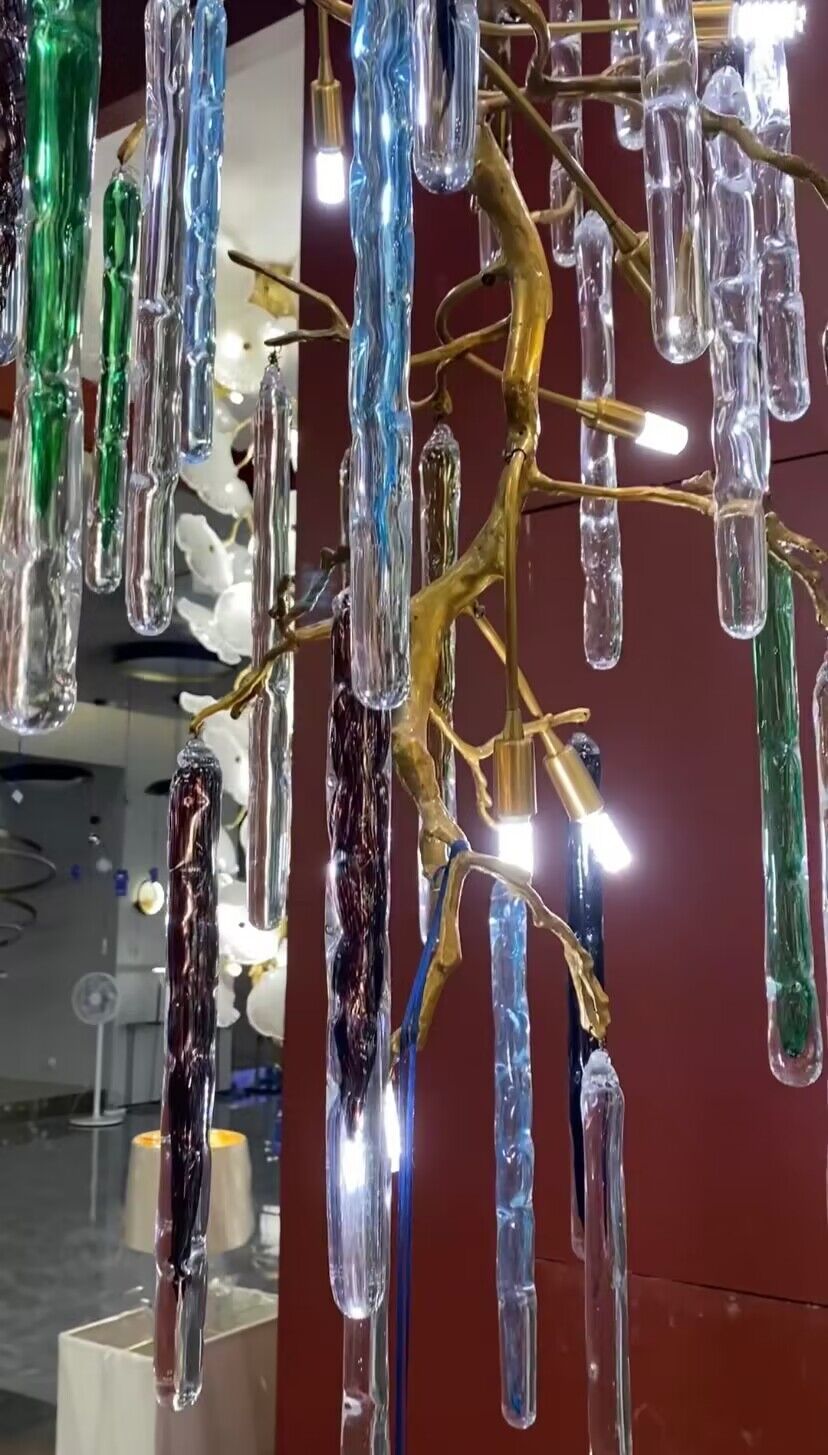 Modern Light Luxury Brass Branches Colored Glass Column Chandelier for Staircase/Living Room/High-ceiling Space - Richardrider