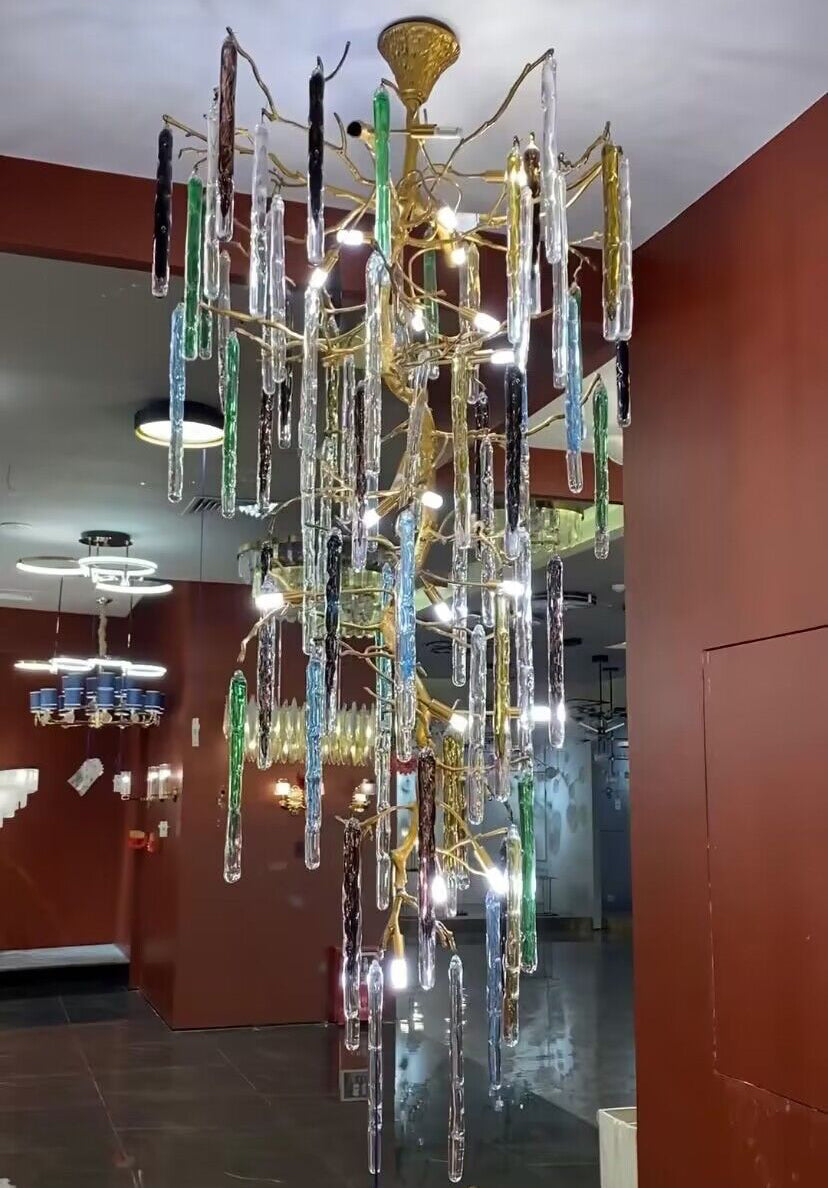Modern Light Luxury Brass Branches Colored Glass Column Chandelier for Staircase/Living Room/High-ceiling Space - Richardrider