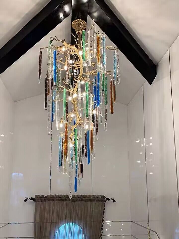 Modern Light Luxury Brass Branches Colored Glass Column Chandelier for Staircase/Living Room/High-ceiling Space - Richardrider