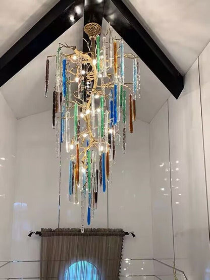 Modern Light Luxury Brass Branches Colored Glass Column Chandelier for Staircase/Living Room/High-ceiling Space - Richardrider