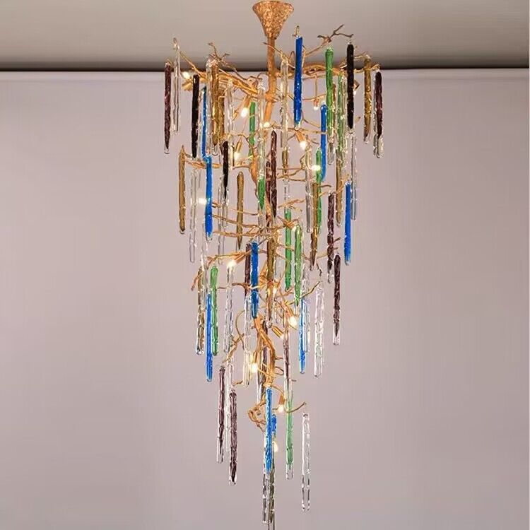 Modern Light Luxury Brass Branches Colored Glass Column Chandelier for Staircase/Living Room/High-ceiling Space - Richardrider