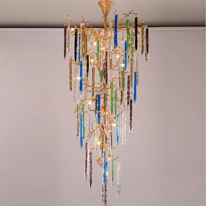 Modern Light Luxury Brass Branches Colored Glass Column Chandelier for Staircase/Living Room/High-ceiling Space - Richardrider