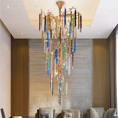 Modern Light Luxury Brass Branches Colored Glass Column Chandelier for Staircase/Living Room/High-ceiling Space - Richardrider