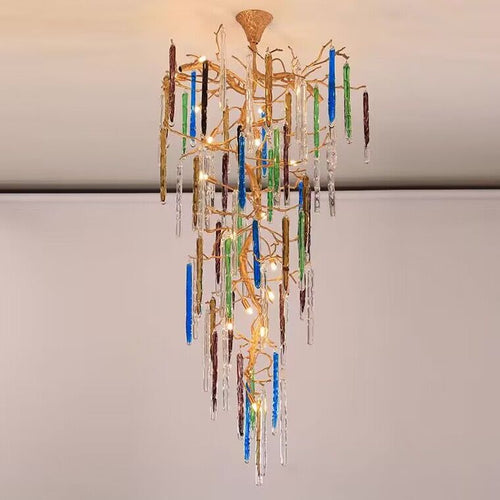 Modern Light Luxury Brass Branches Colored Glass Column Chandelier for Staircase/Living Room/High-ceiling Space - Richardrider