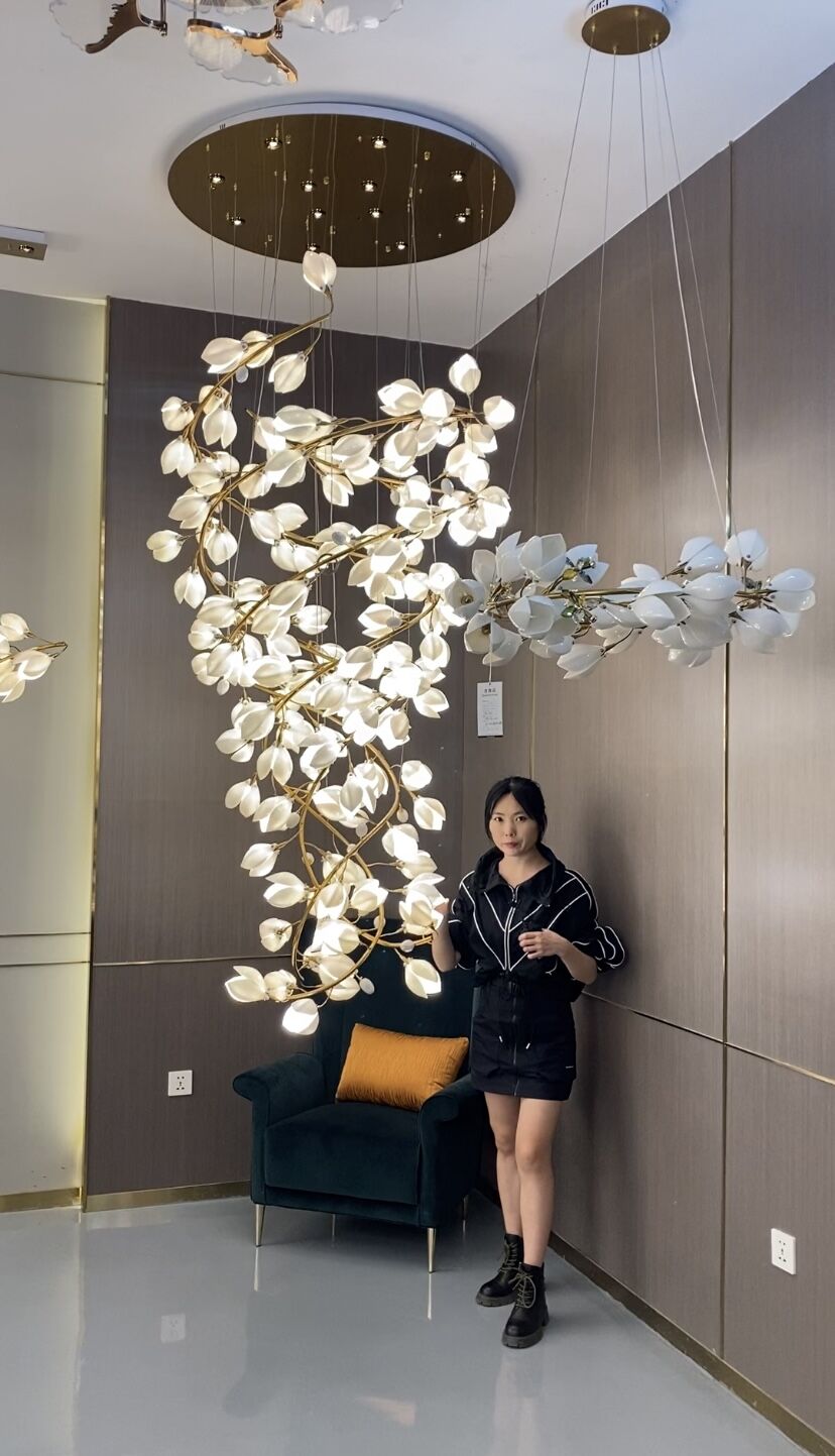 Spiral Pure White Magnolia Chandelier with Golden Branches for Staircase/High-ceiling Space/Foyer/ Duplex - Richardrider