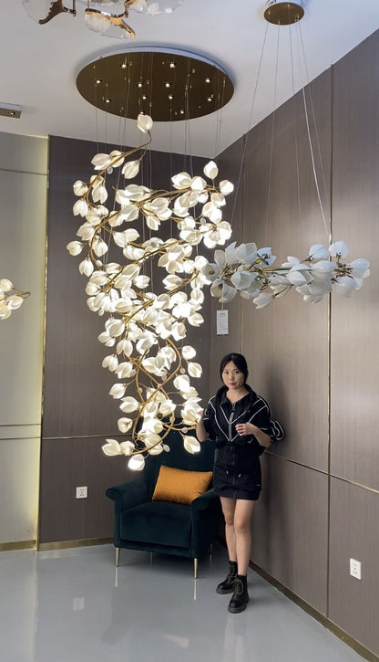 Spiral Pure White Magnolia Chandelier with Golden Branches for Staircase/High-ceiling Space/Foyer/ Duplex - Richardrider