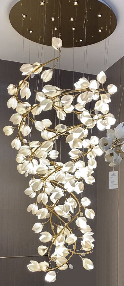 Spiral Pure White Magnolia Chandelier with Golden Branches for Staircase/High-ceiling Space/Foyer/ Duplex - Richardrider