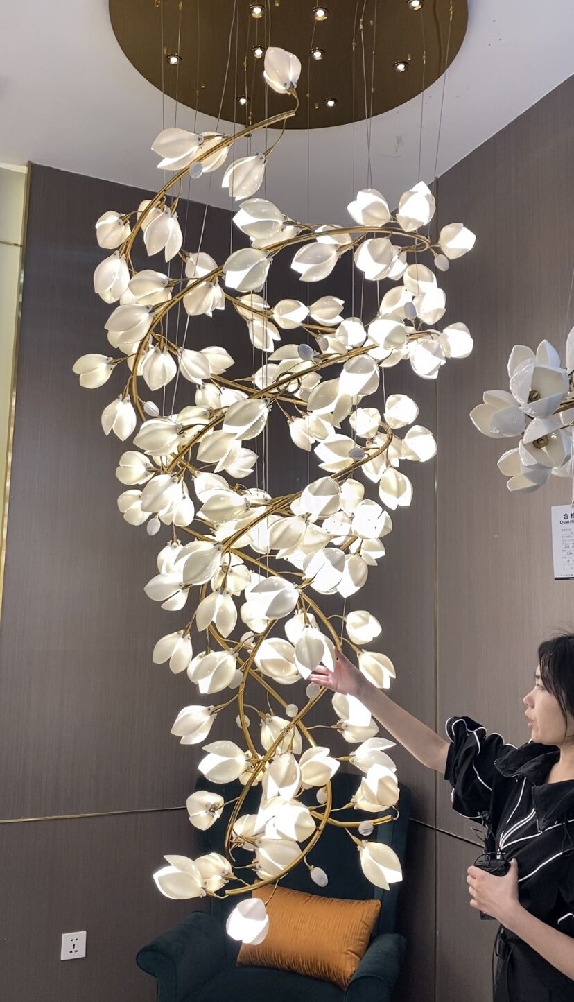 Spiral Pure White Magnolia Chandelier with Golden Branches for Staircase/High-ceiling Space/Foyer/ Duplex - Richardrider