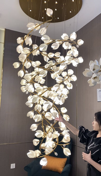 Spiral Pure White Magnolia Chandelier with Golden Branches for Staircase/High-ceiling Space/Foyer/ Duplex - Richardrider