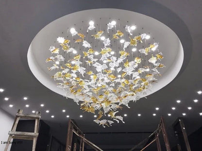 Oversized Art Design Autumn Maple Leaf Glass Chandelier for Dining Table/Hallway/Entryway Light Fixture