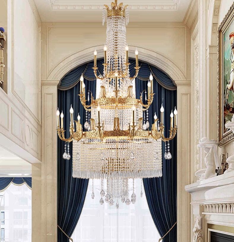 Stunning Oversized Luxury Golden Metal Candle Crystal Tassel Chandelier For High-ceiling Staircase/Entryway/Living/Meeting Room - Richardrider