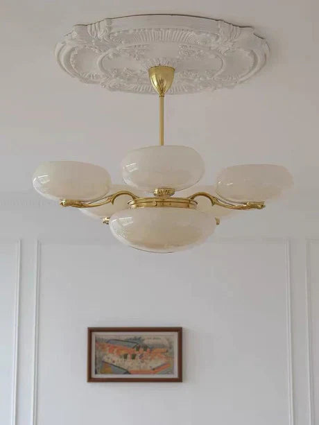 Mid-century Scandinavian American Vintage White Opal Brass Chandelier for Living Room/Bedroom