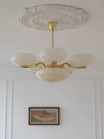 Mid-century Scandinavian American Vintage White Opal Brass Chandelier for Living Room/Bedroom