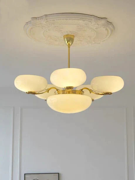 Mid-century Scandinavian American Vintage White Opal Brass Chandelier for Living Room/Bedroom