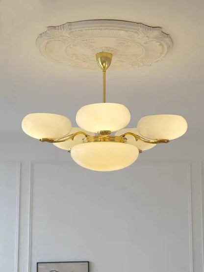 Mid-century Scandinavian American Vintage White Opal Brass Chandelier for Living Room/Bedroom