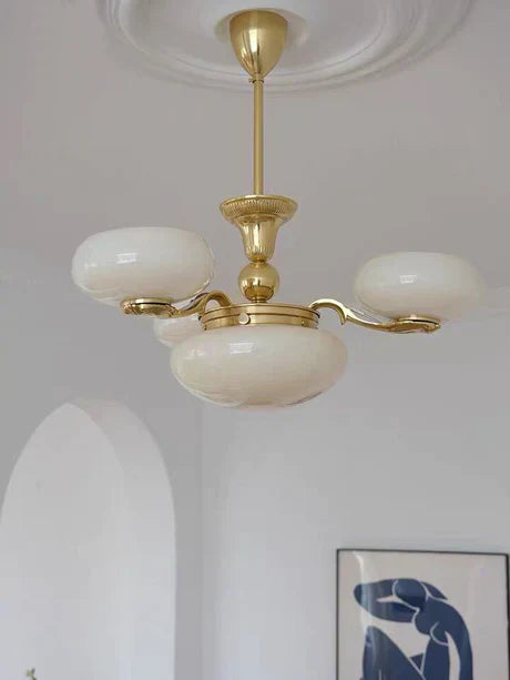 Mid-century Scandinavian American Vintage White Opal Brass Chandelier for Living Room/Bedroom