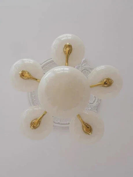 Mid-century Scandinavian American Vintage White Opal Brass Chandelier for Living Room/Bedroom