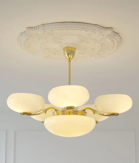 Mid-century Scandinavian American Vintage White Opal Brass Chandelier for Living Room/Bedroom
