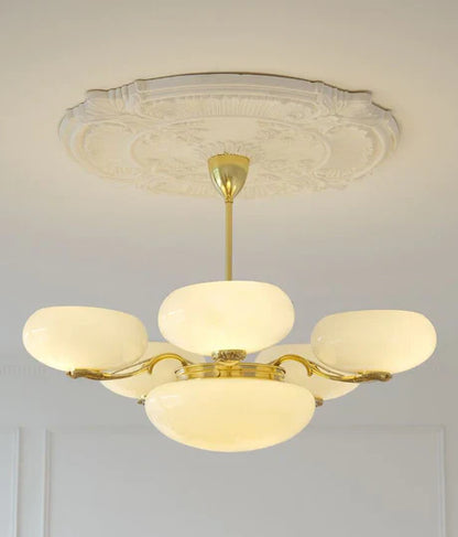 Mid-century Scandinavian American Vintage White Opal Brass Chandelier for Living Room/Bedroom
