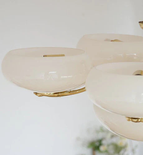Mid-century Scandinavian American Vintage White Opal Brass Chandelier for Living Room/Bedroom