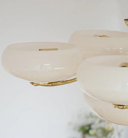 Mid-century Scandinavian American Vintage White Opal Brass Chandelier for Living Room/Bedroom
