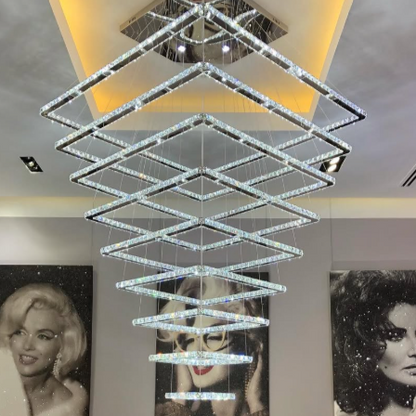 Modern Floating 5/6-tier Square Crystal Chandelier for High-ceiling