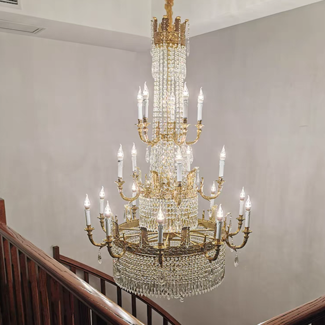 Stunning Oversized Luxury Golden Metal Candle Crystal Tassel Chandelier For High-ceiling Staircase/Entryway/Living/Meeting Room - Richardrider