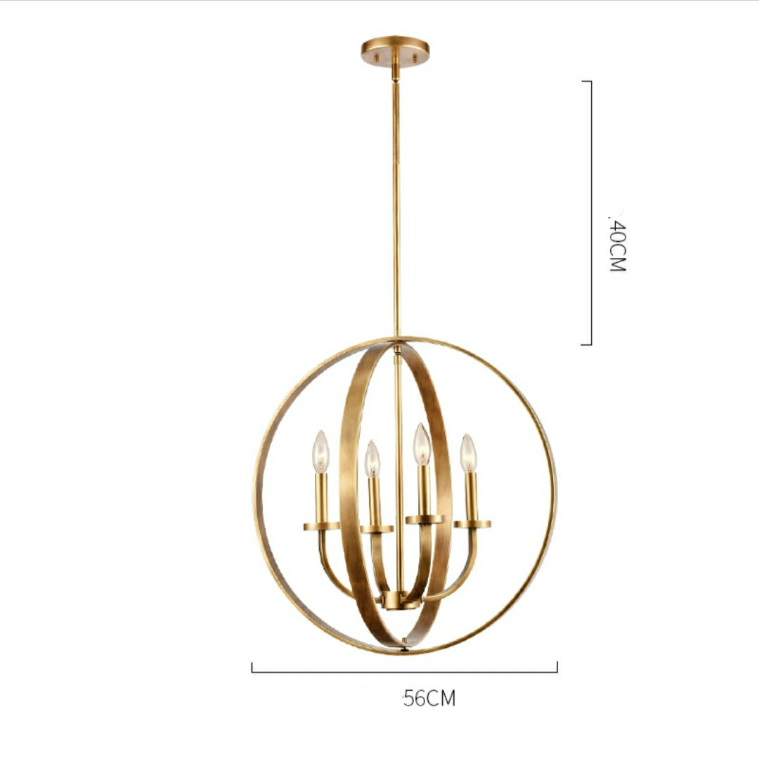 Solid 4-Light Satin Brass 22-Inch Globe Ceiling Lighting Fixture Rustic Candle Shaped Round Chandelier For Living/ Dining Room