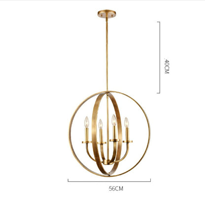 Solid 4-Light Satin Brass 22-Inch Globe Ceiling Lighting Fixture Rustic Candle Shaped Round Chandelier For Living/ Dining Room