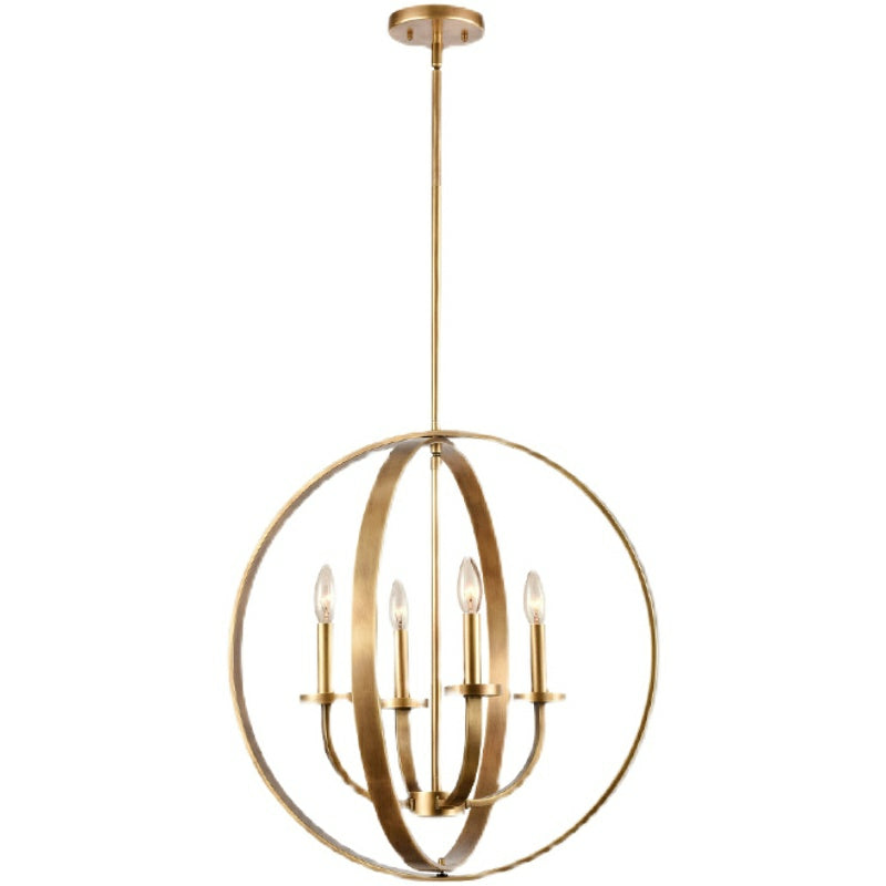 Solid 4-Light Satin Brass 22-Inch Globe Ceiling Lighting Fixture Rustic Candle Shaped Round Chandelier For Living/ Dining Room