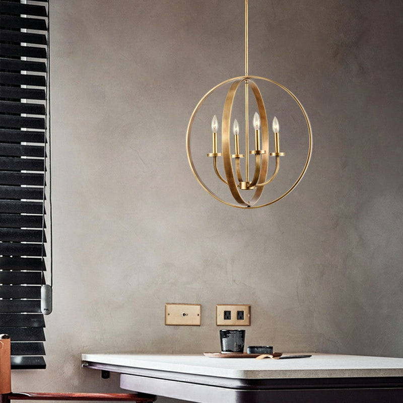Solid 4-Light Satin Brass 22-Inch Globe Ceiling Lighting Fixture Rustic Candle Shaped Round Chandelier For Living/ Dining Room