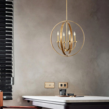 Solid 4-Light Satin Brass 22-Inch Globe Ceiling Lighting Fixture Rustic Candle Shaped Round Chandelier For Living/ Dining Room