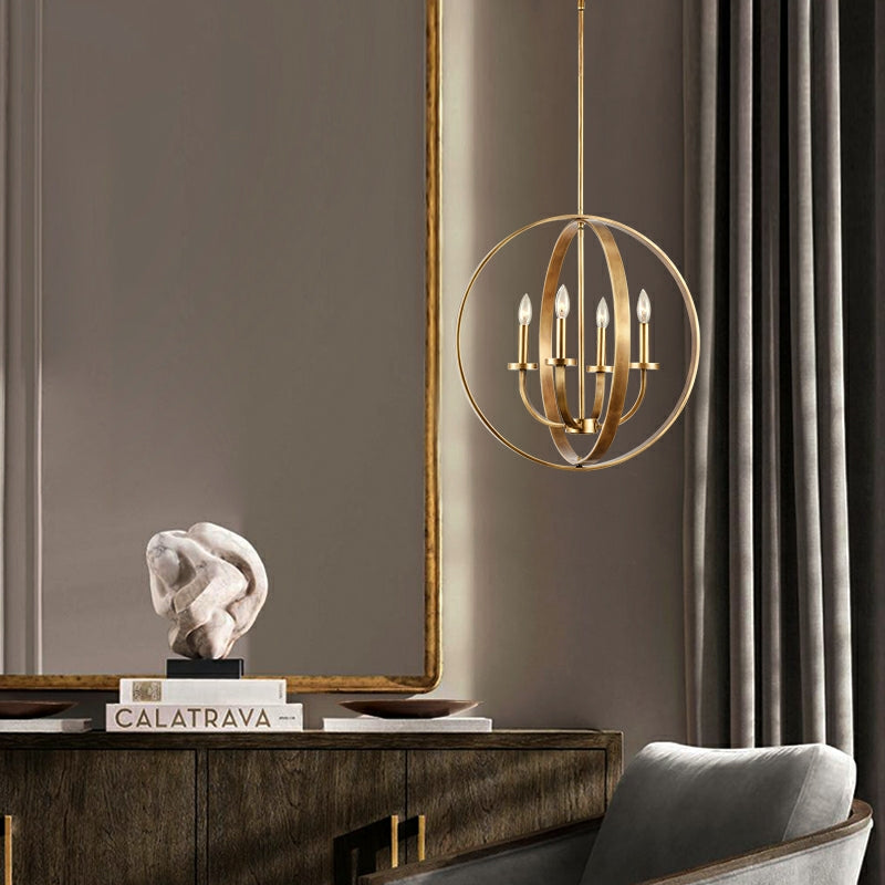 Solid 4-Light Satin Brass 22-Inch Globe Ceiling Lighting Fixture Rustic Candle Shaped Round Chandelier For Living/ Dining Room