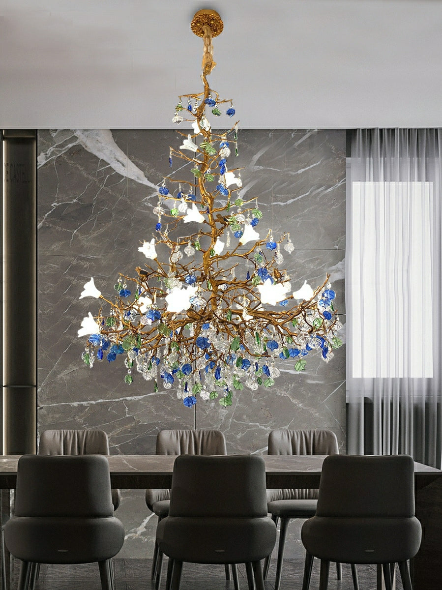 Stylish Colored Glaze Flower Crystal Chandelier Brass Tree Branch Ceiling Light For Living Room Hotel Hall - Richardrider