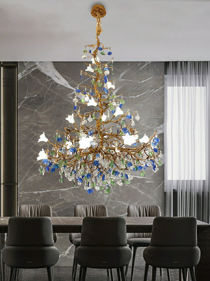 Stylish Colored Glaze Flower Crystal Chandelier Brass Tree Branch Ceiling Light For Living Room Hotel Hall - Richardrider