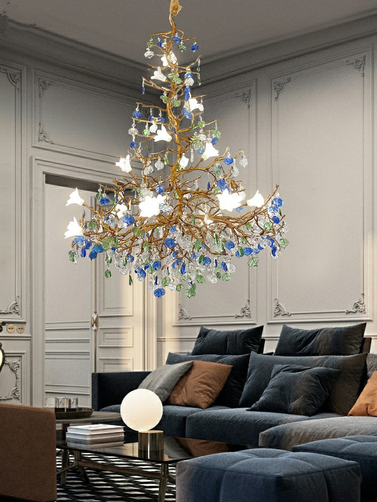 Stylish Colored Glaze Flower Crystal Chandelier Brass Tree Branch Ceiling Light For Living Room Hotel Hall - Richardrider