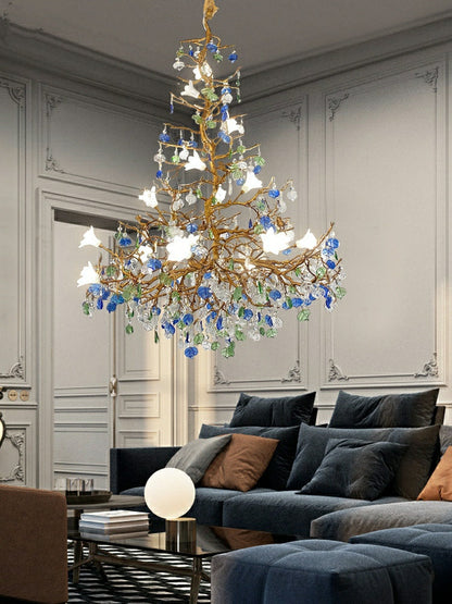 Stylish Colored Glaze Flower Crystal Chandelier Brass Tree Branch Ceiling Light For Living Room Hotel Hall - Richardrider