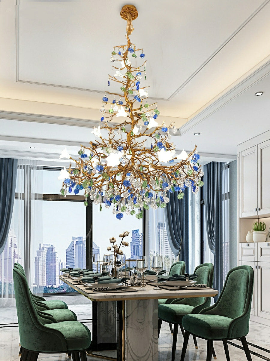 Stylish Colored Glaze Flower Crystal Chandelier Brass Tree Branch Ceiling Light For Living Room Hotel Hall - Richardrider