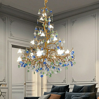 Stylish Colored Glaze Flower Crystal Chandelier Brass Tree Branch Ceiling Light For Living Room Hotel Hall - Richardrider