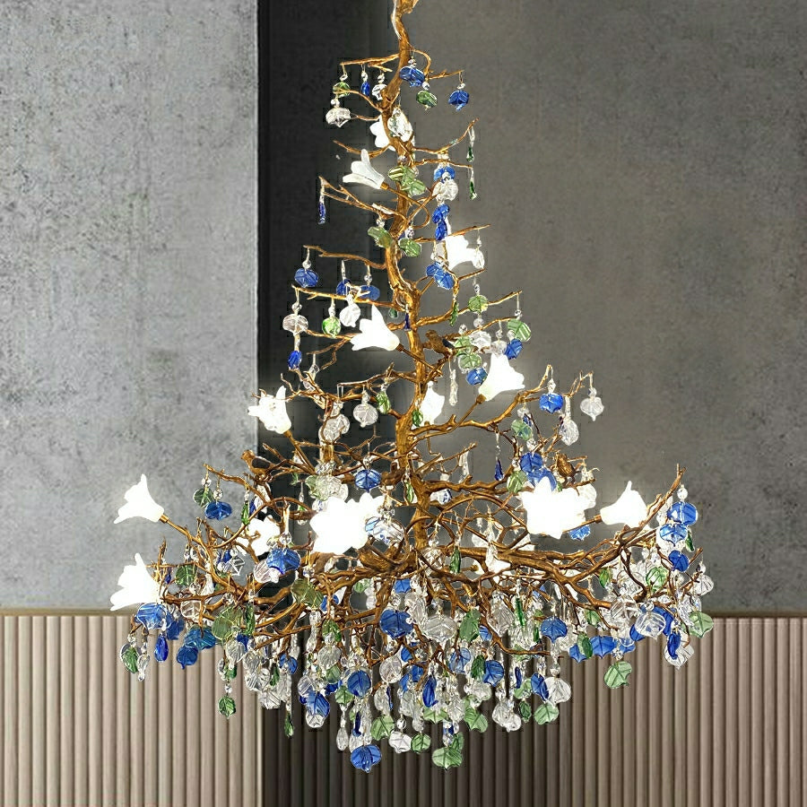 Stylish Colored Glaze Flower Crystal Chandelier Brass Tree Branch Ceiling Light For Living Room Hotel Hall - Richardrider