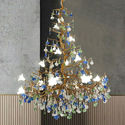 Stylish Colored Glaze Flower Crystal Chandelier Brass Tree Branch Ceiling Light For Living Room Hotel Hall - Richardrider
