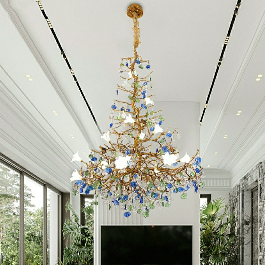 Stylish Colored Glaze Flower Crystal Chandelier Brass Tree Branch Ceiling Light For Living Room Hotel Hall - Richardrider