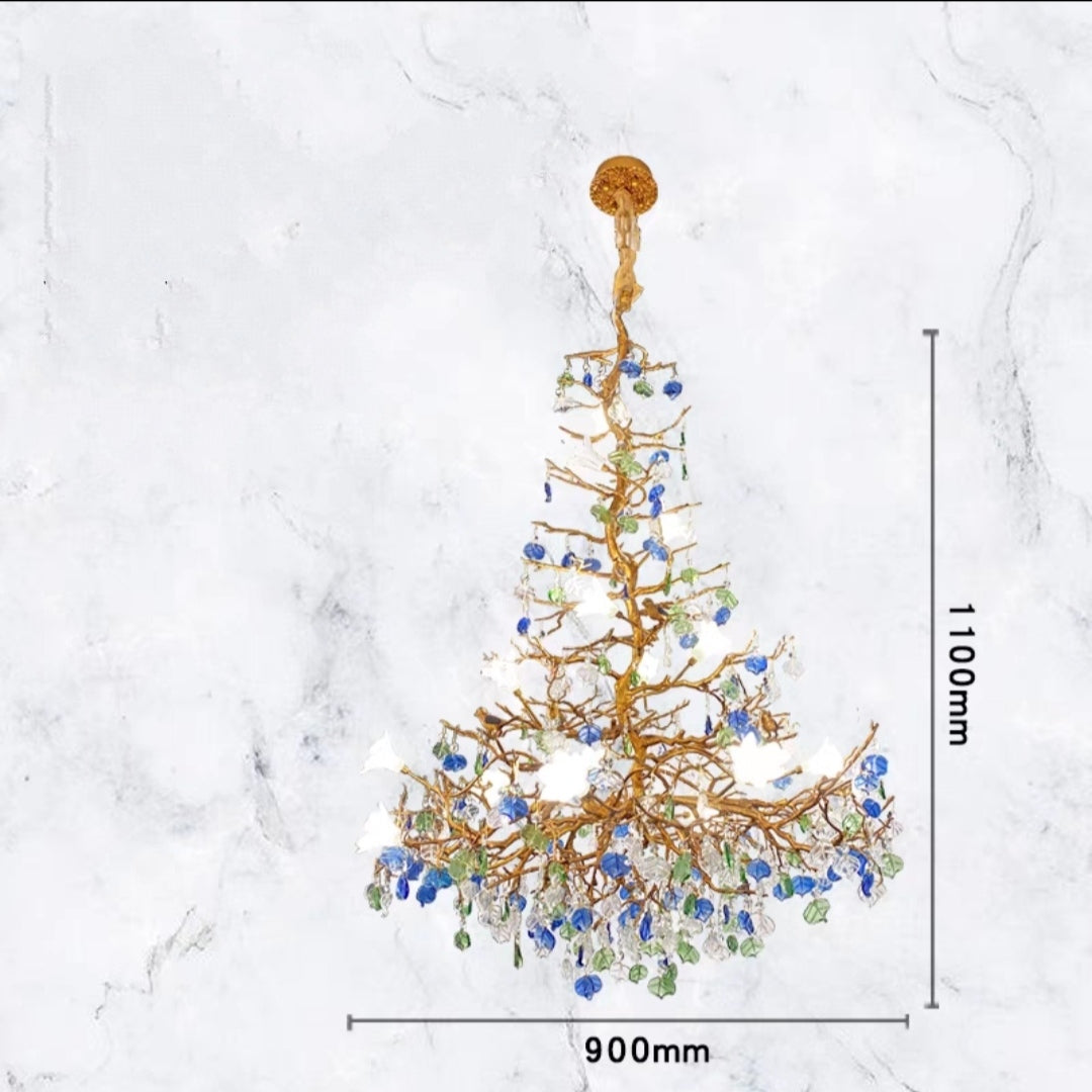 Stylish Colored Glaze Flower Crystal Chandelier Brass Tree Branch Ceiling Light For Living Room Hotel Hall - Richardrider