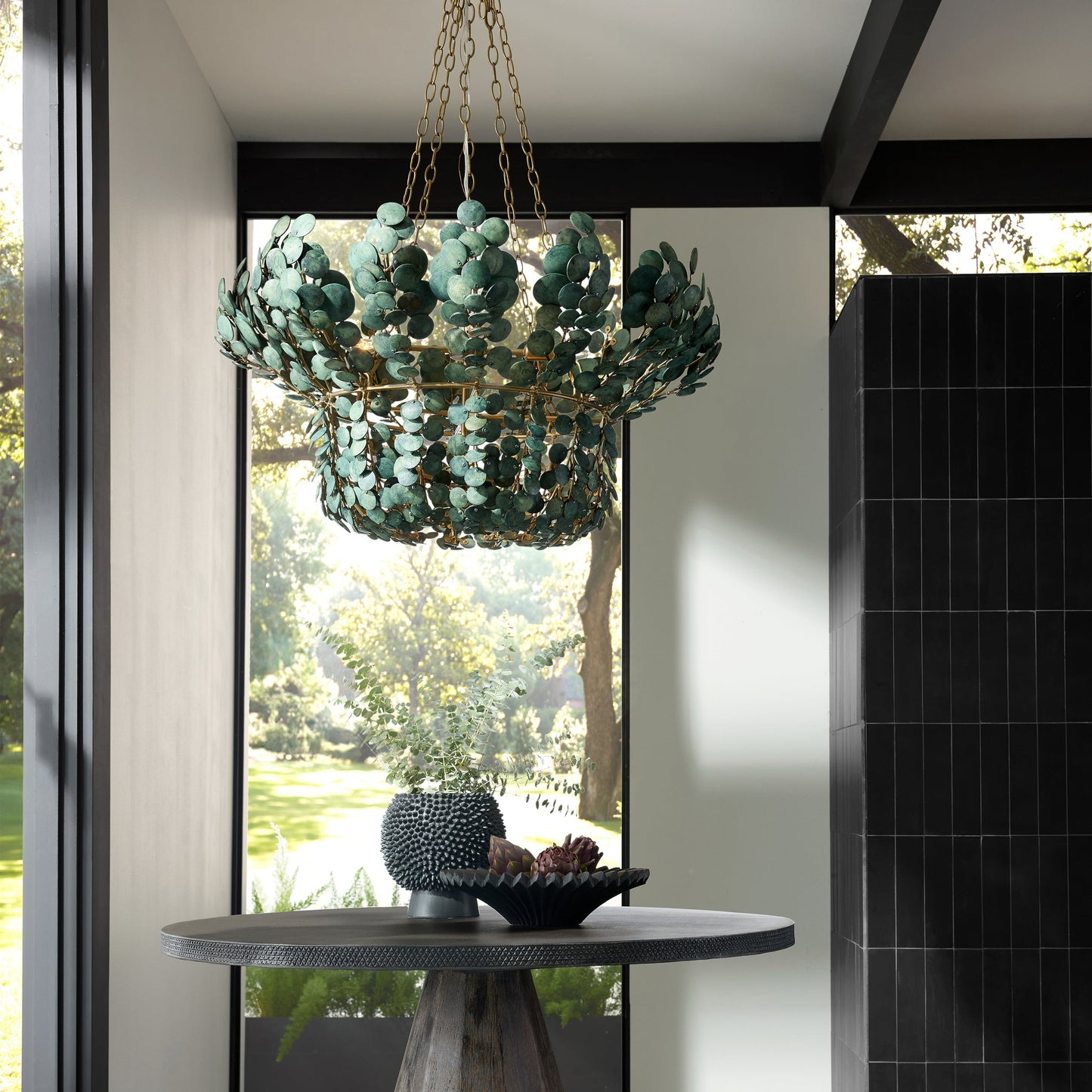 Galorion Chandelier Eucalyptus Coconut Shell & Iron 40"D