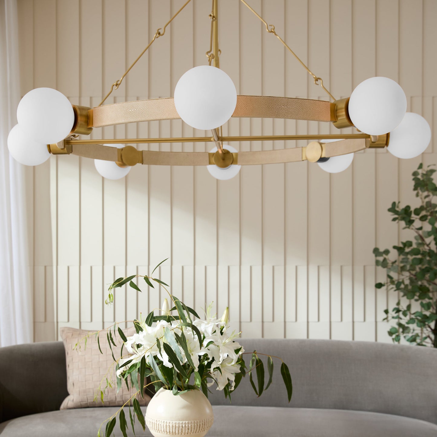 Cirooumond Chandelier Glass & Faux Shagreen Leather & Iron 55"D